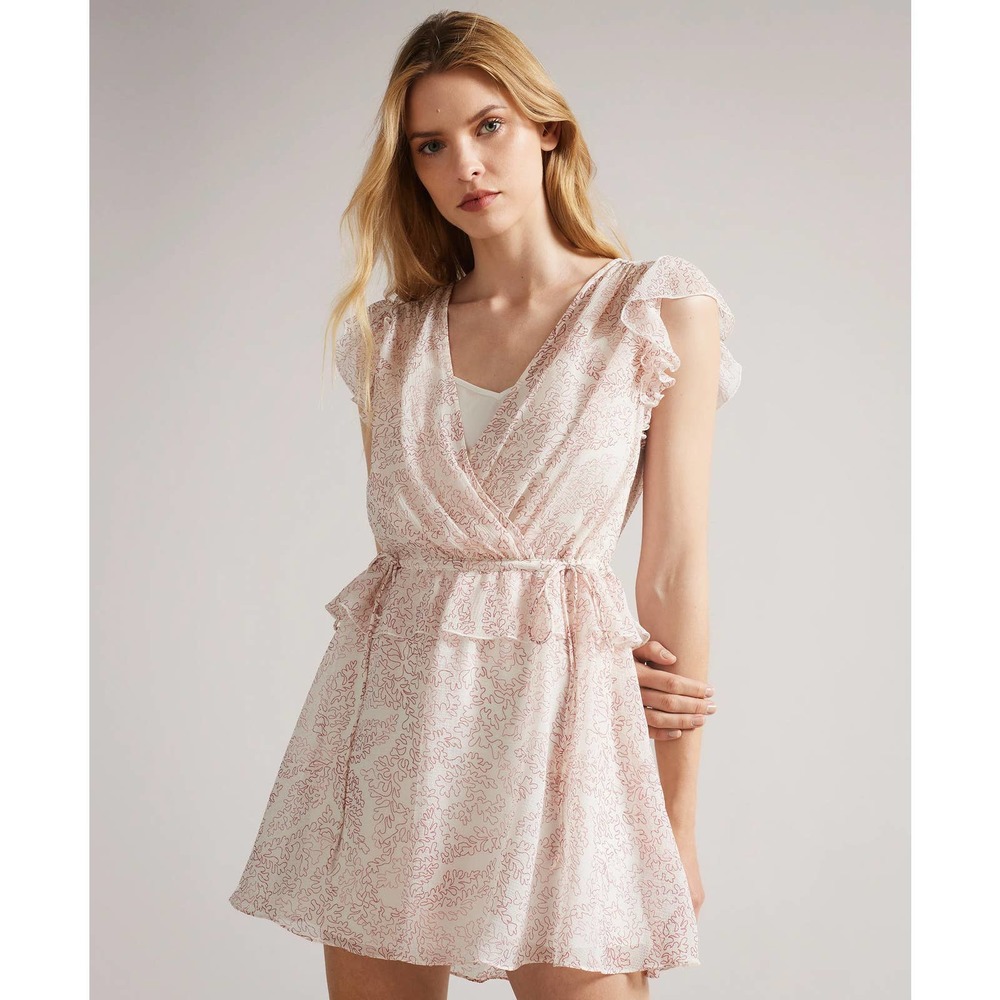 Ted Baker Evelyna Mini Dress Women US 6 V Neck Wrap Ruffle Cap Sleeve Chiffon